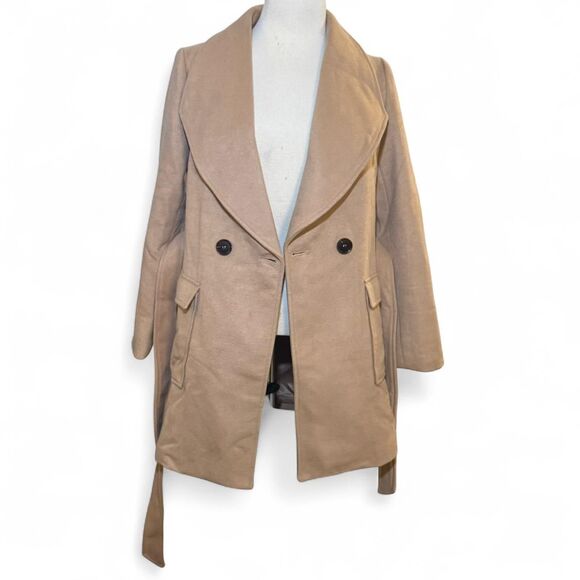 Allegra K Women XS Camel Wool Blend Belted Double Breasted Winter Coat NWT - Picture 2 of 7